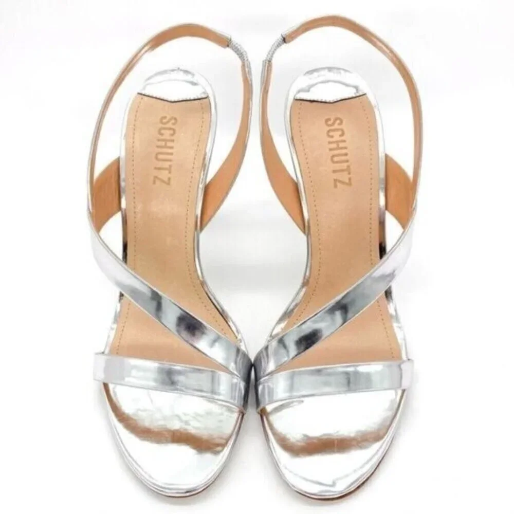 Schutz Kelly Metallic Silver Slingback Sandal Heels New